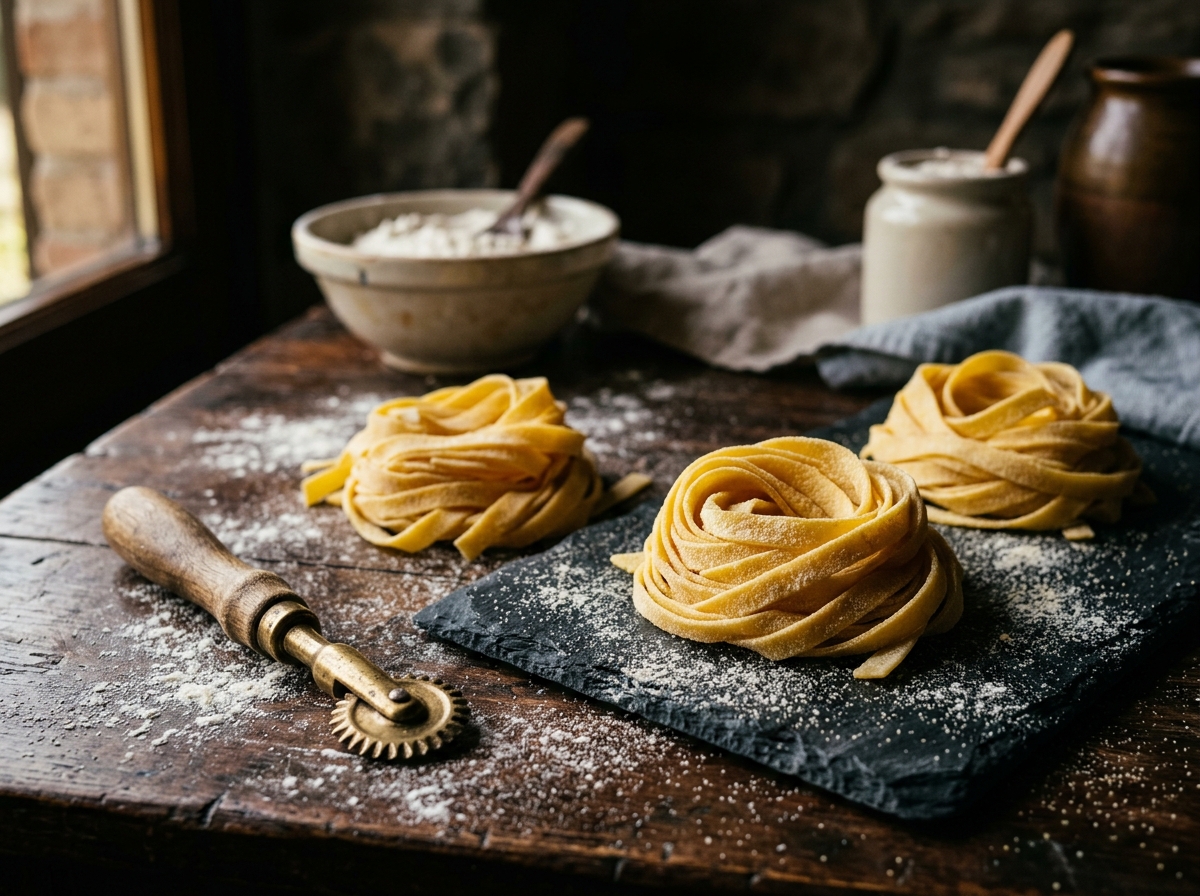 Nidos de fettuccine fresco recién cortado sobre piedra pizarra