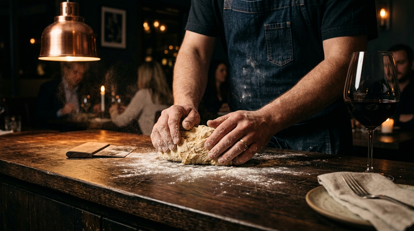 Amasado artesanal de pasta fresca y vino en mesón rústico